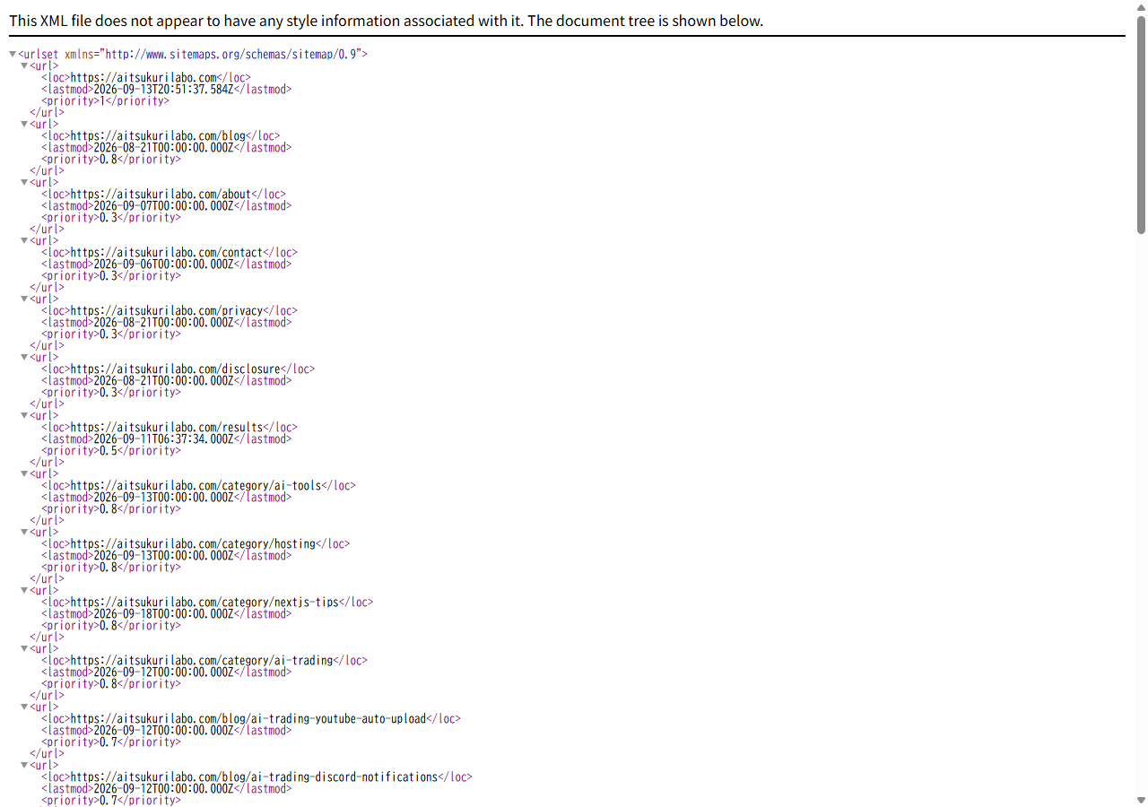 ブラウザで/sitemap.xmlに直接アクセスし、記事やカテゴリーページのURL・lastmod・priorityが自動生成されたXMLとして表示されている画面